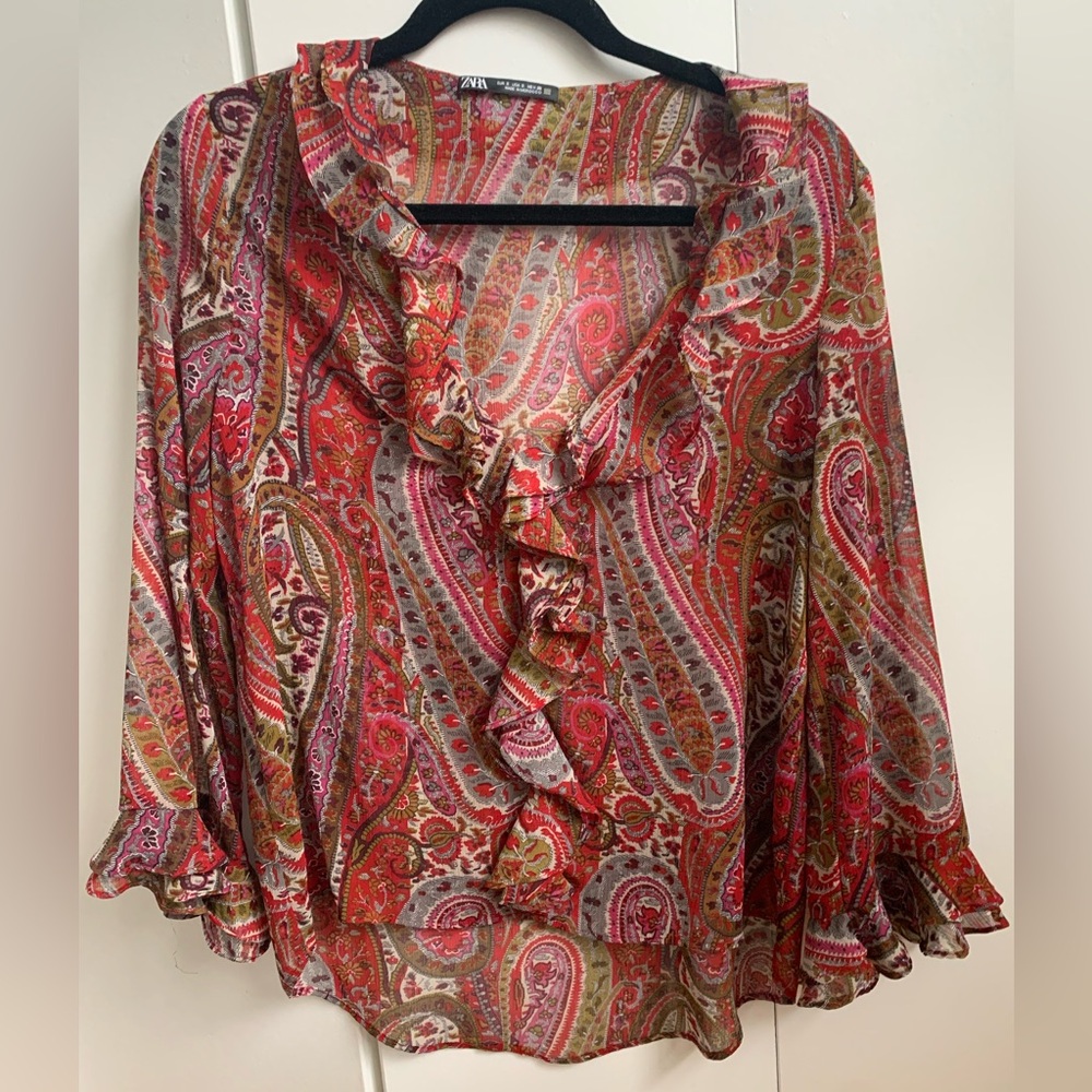 Zara Women's Paisley Ruffle Blouse Size Small